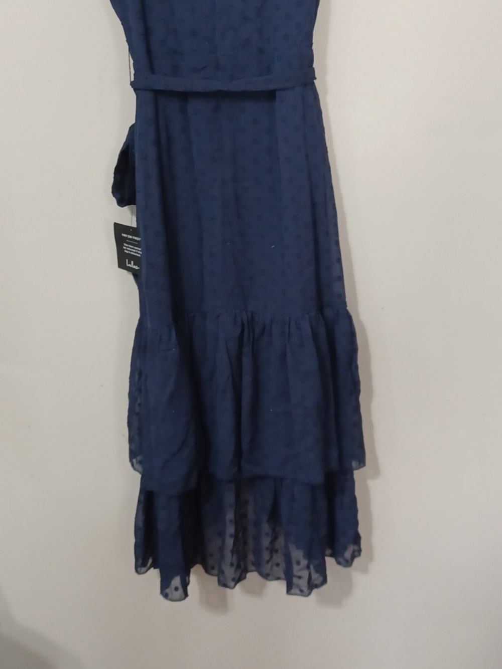 Lulu's Navy Blue Have Harmony Swiss Dot Ruffles Wrap Midi Dress . NWT. Size S - Picture 12 of 13